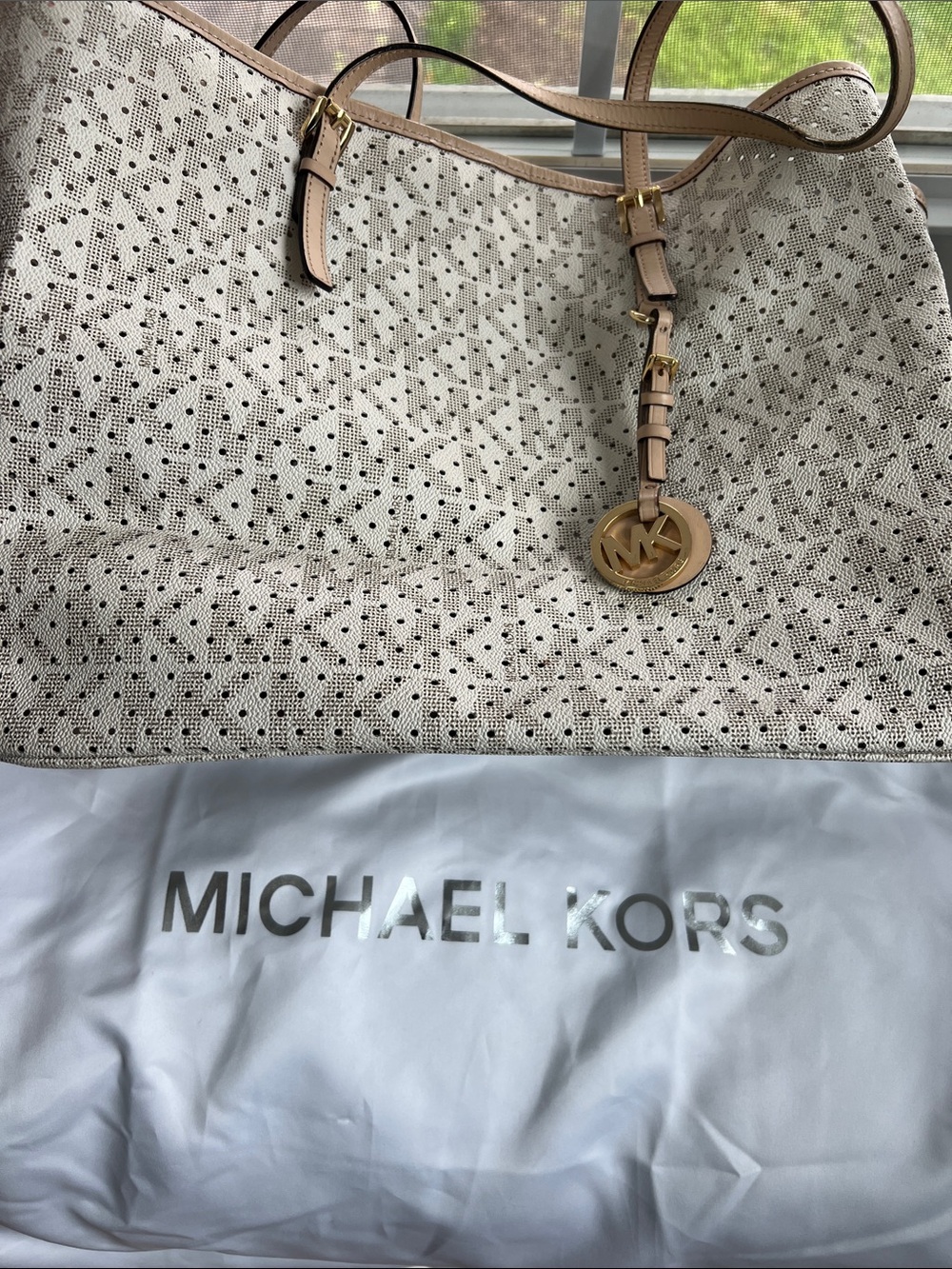 Michael Kors Cream Perforated Tote with Tan Trim - Picture 7 of 7
